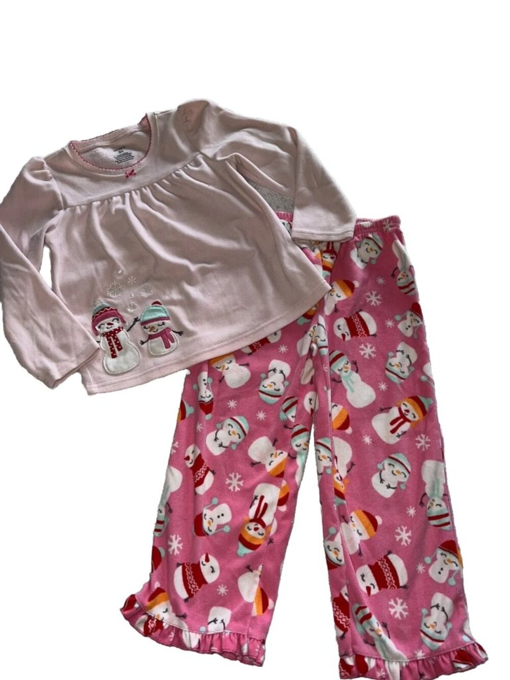 Girls 2 Pc Carters Pajama Set Bottom Top Sz 5T Pink Snowmen